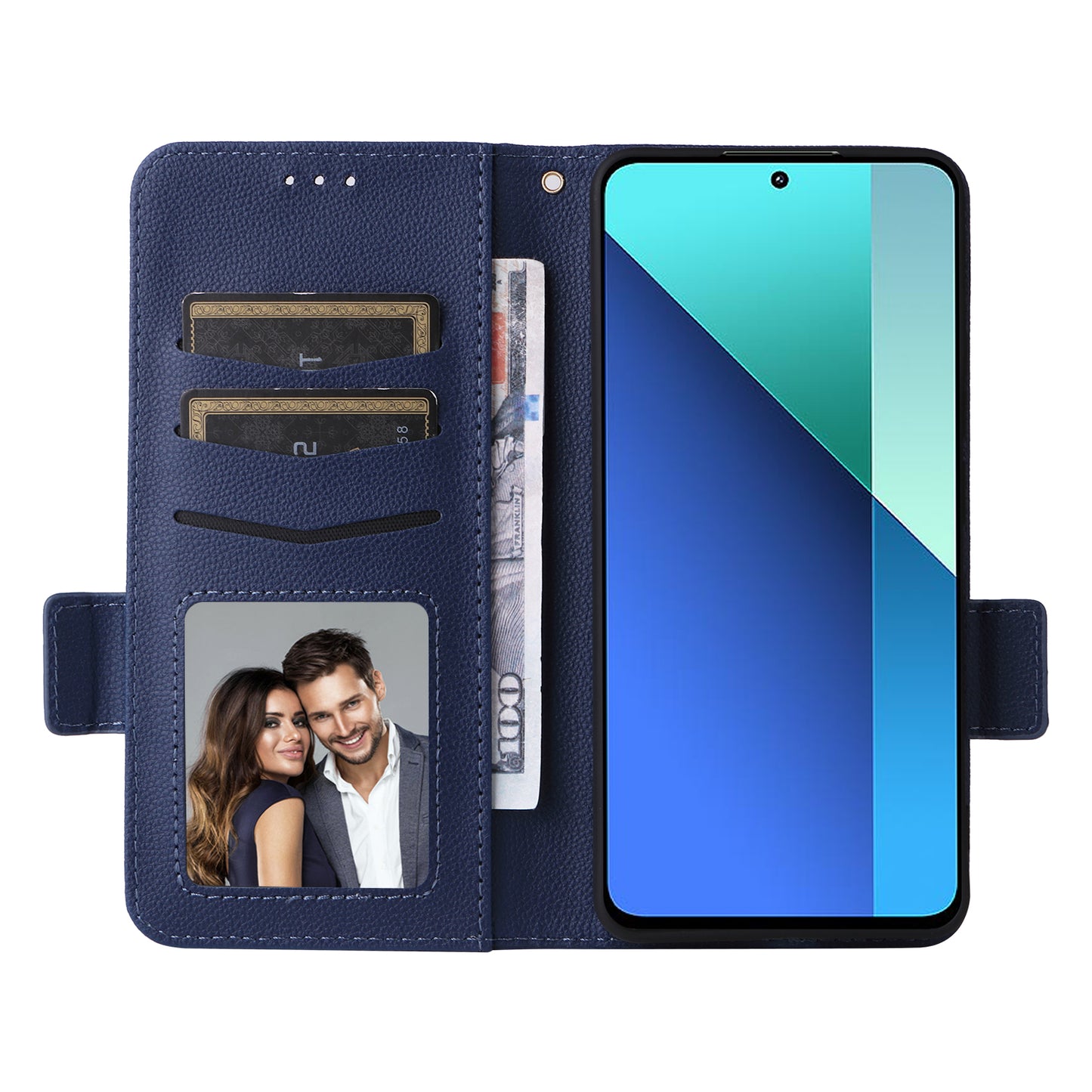 For Xiaomi Redmi Note 13 4G Shockproof Phone Case PU Leather Flip Cover - Dark Blue