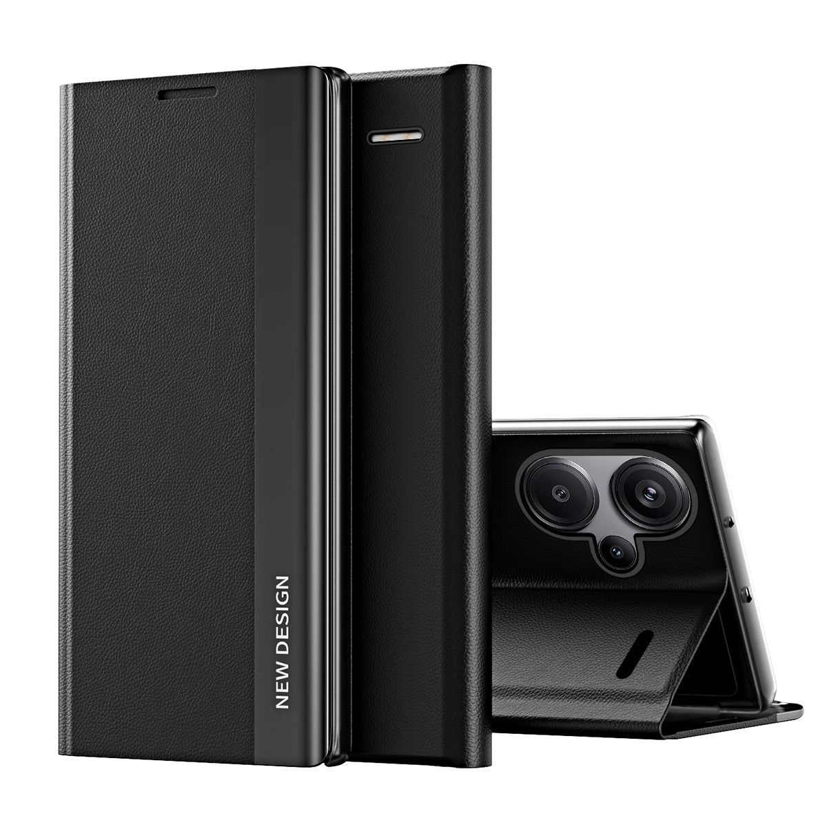 For Xiaomi Redmi Note 13 Pro+ 5G Cell Phone Case Anti-fall PC Shell PU Leather Cover - Black