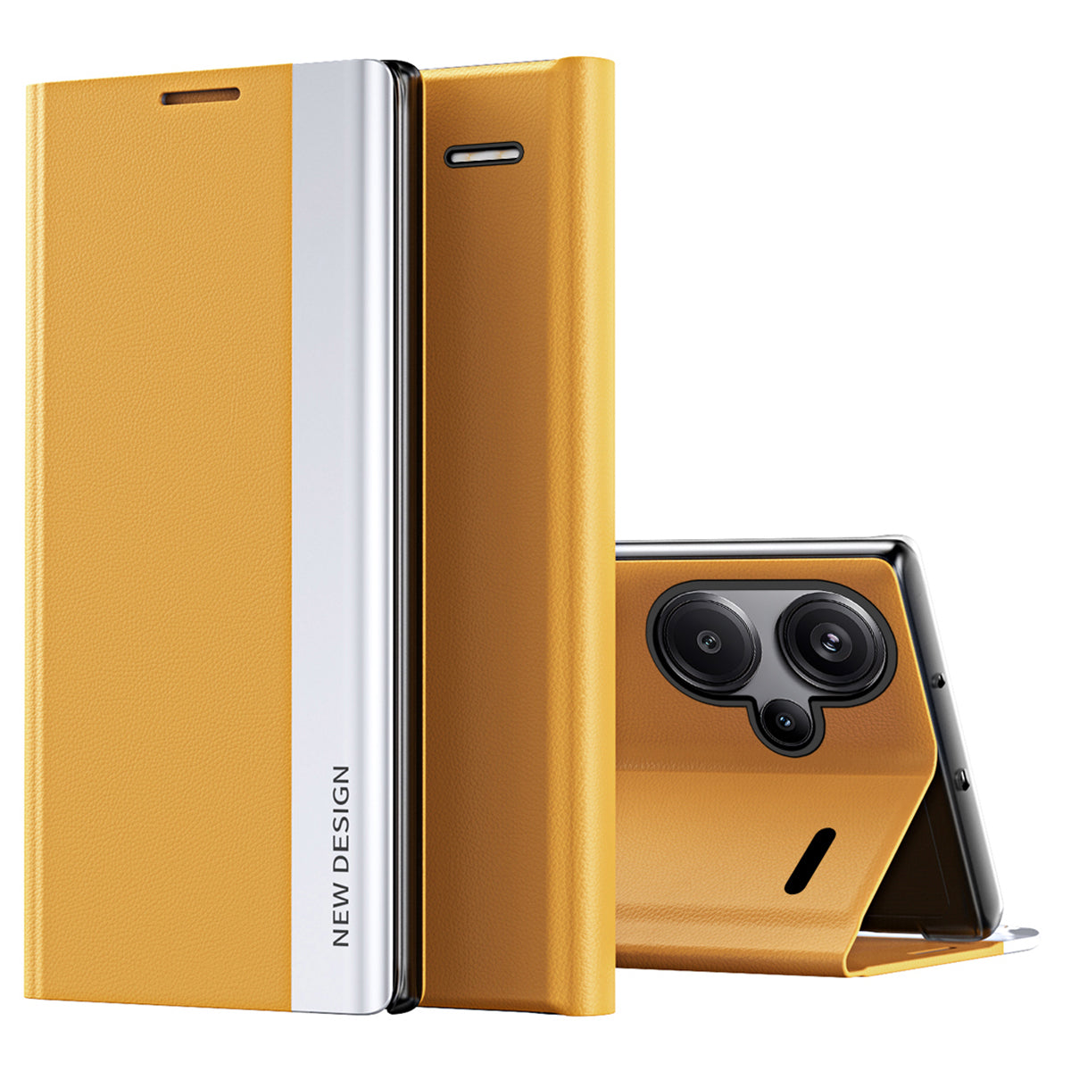 For Xiaomi Redmi Note 13 Pro+ 5G Cell Phone Case Anti-fall PC Shell PU Leather Cover - Yellow