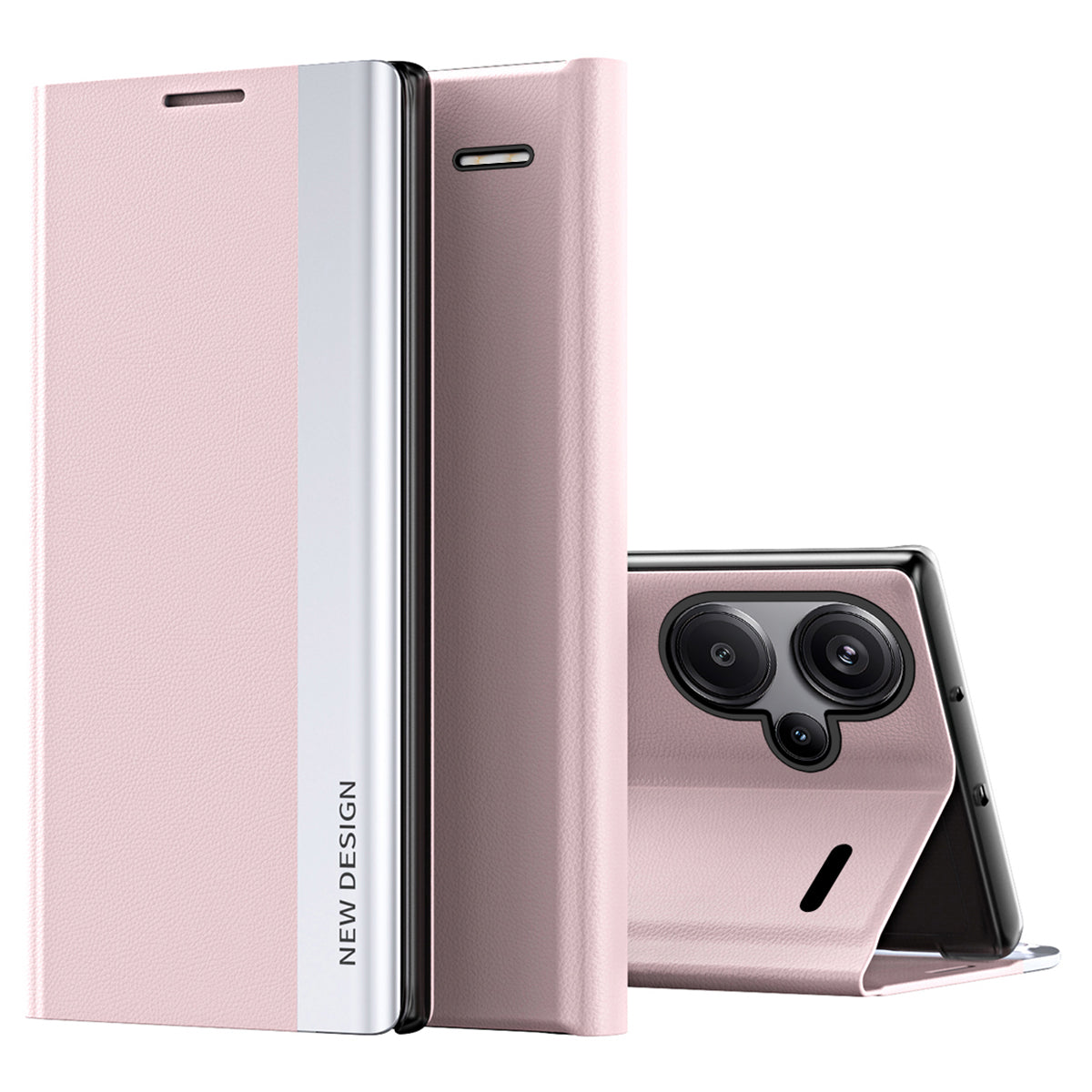 For Xiaomi Redmi Note 13 Pro+ 5G Cell Phone Case Anti-fall PC Shell PU Leather Cover - Pink