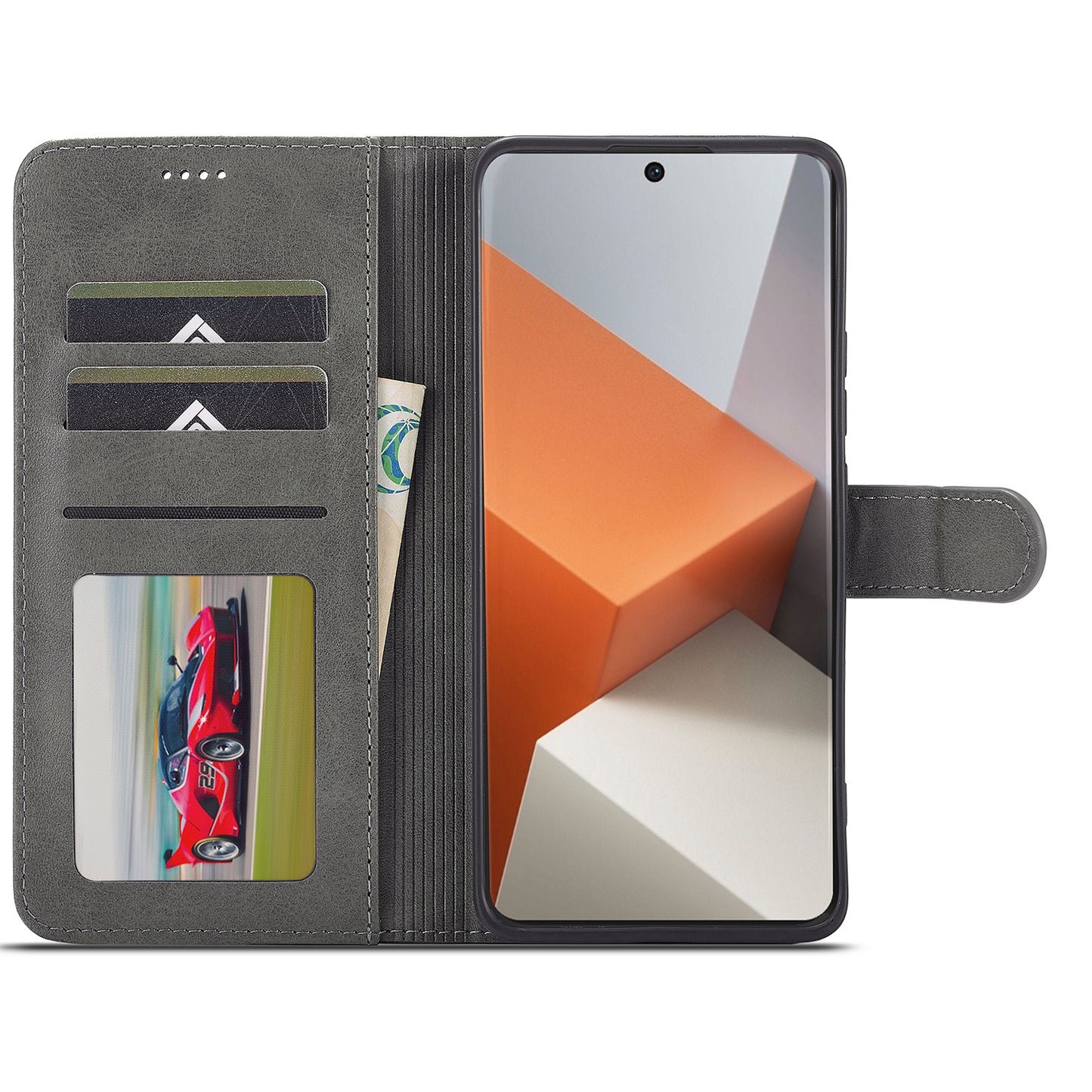 LC.IMEEKE For Xiaomi Redmi Note 13 Pro+ 5G Case Calf Texture Leather Wallet Folio Flip Phone Cover - Grey