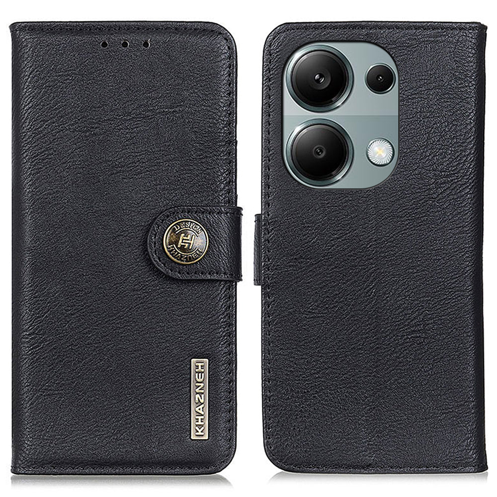KHAZNEH For Xiaomi Redmi Note 13 4G Case Cowhide Texture Anti-scratch Leather Stand Phone Cover - Black