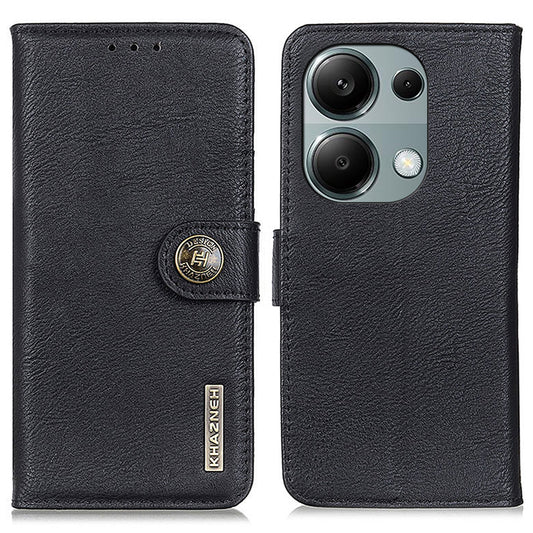 KHAZNEH For Xiaomi Redmi Note 13 4G Case Cowhide Texture Anti-scratch Leather Stand Phone Cover - Black