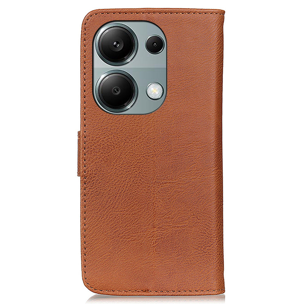 KHAZNEH For Xiaomi Redmi Note 13 4G Case Cowhide Texture Anti-scratch Leather Stand Phone Cover - Brown