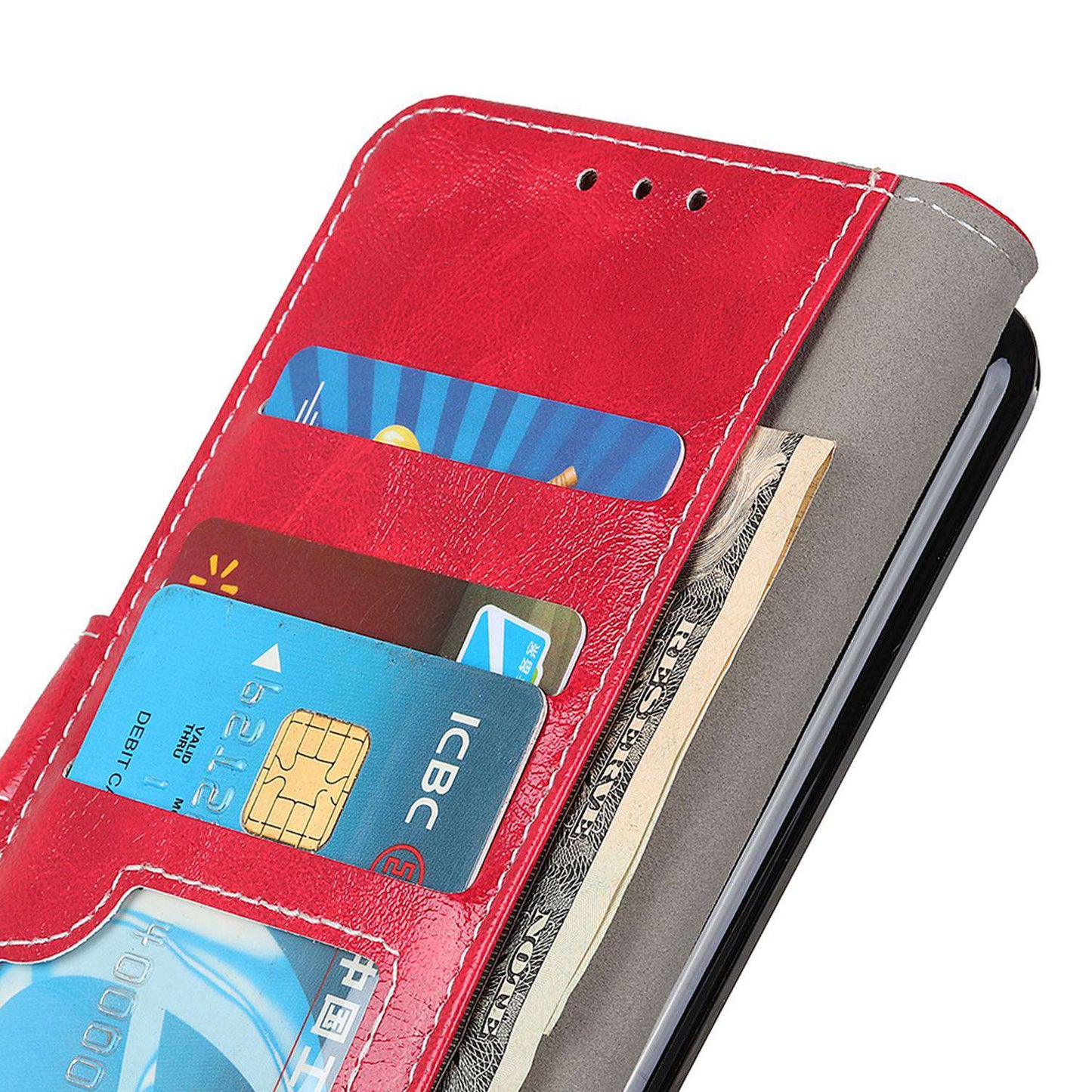 For Xiaomi Redmi Note 13 4G Case Retro PU Leather Wallet Stand Drop Resistant Phone Cover - Red