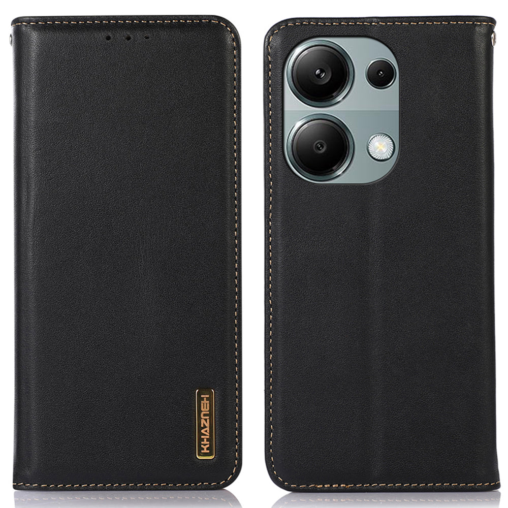 KHAZNEH For Xiaomi Redmi Note 13 Pro 4G / Poco M6 Pro 4G Phone Case Nappa Texture Genuine Cow Leather Cover - Black