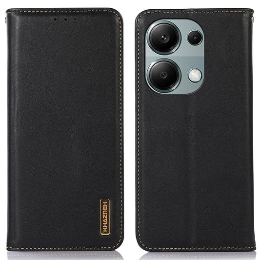 KHAZNEH For Xiaomi Redmi Note 13 Pro 4G / Poco M6 Pro 4G Phone Case Nappa Texture Genuine Cow Leather Cover - Black