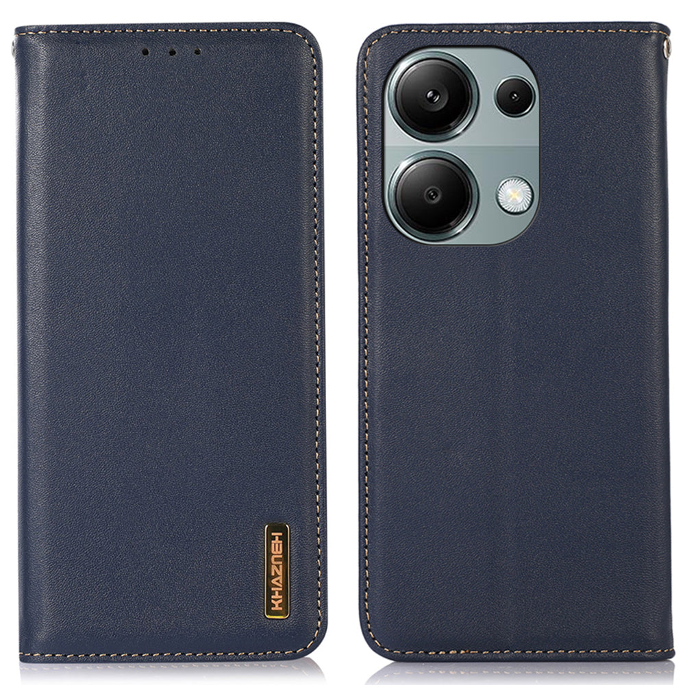 KHAZNEH For Xiaomi Redmi Note 13 Pro 4G / Poco M6 Pro 4G Phone Case Nappa Texture Genuine Cow Leather Cover - Blue