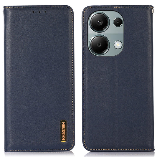 KHAZNEH For Xiaomi Redmi Note 13 Pro 4G / Poco M6 Pro 4G Phone Case Nappa Texture Genuine Cow Leather Cover - Blue