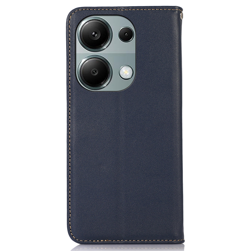 KHAZNEH For Xiaomi Redmi Note 13 Pro 4G / Poco M6 Pro 4G Phone Case Nappa Texture Genuine Cow Leather Cover - Blue
