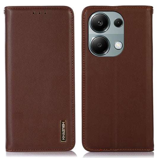 KHAZNEH For Xiaomi Redmi Note 13 Pro 4G / Poco M6 Pro 4G Phone Case Nappa Texture Genuine Cow Leather Cover - Brown