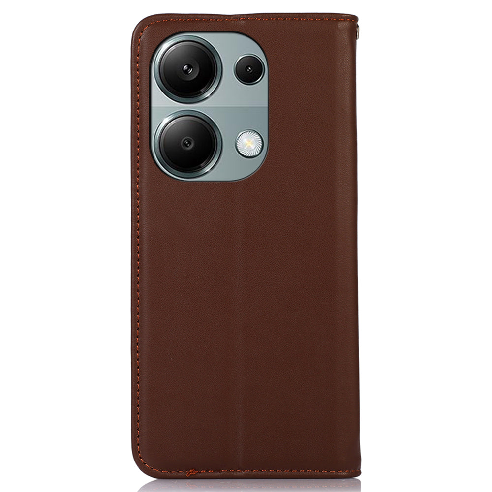 KHAZNEH For Xiaomi Redmi Note 13 Pro 4G / Poco M6 Pro 4G Phone Case Nappa Texture Genuine Cow Leather Cover - Brown