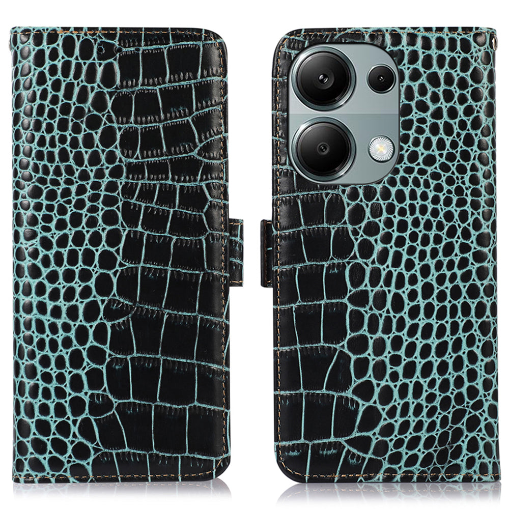 For Xiaomi Redmi Note 13 Pro 4G / Poco M6 Pro 4G Genuine Cow Leather Case RFID Blocking Phone Cover - Green