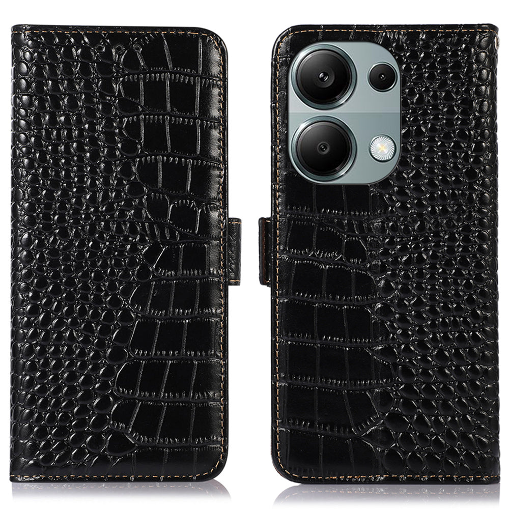 For Xiaomi Redmi Note 13 Pro 4G / Poco M6 Pro 4G Genuine Cow Leather Case RFID Blocking Phone Cover - Black