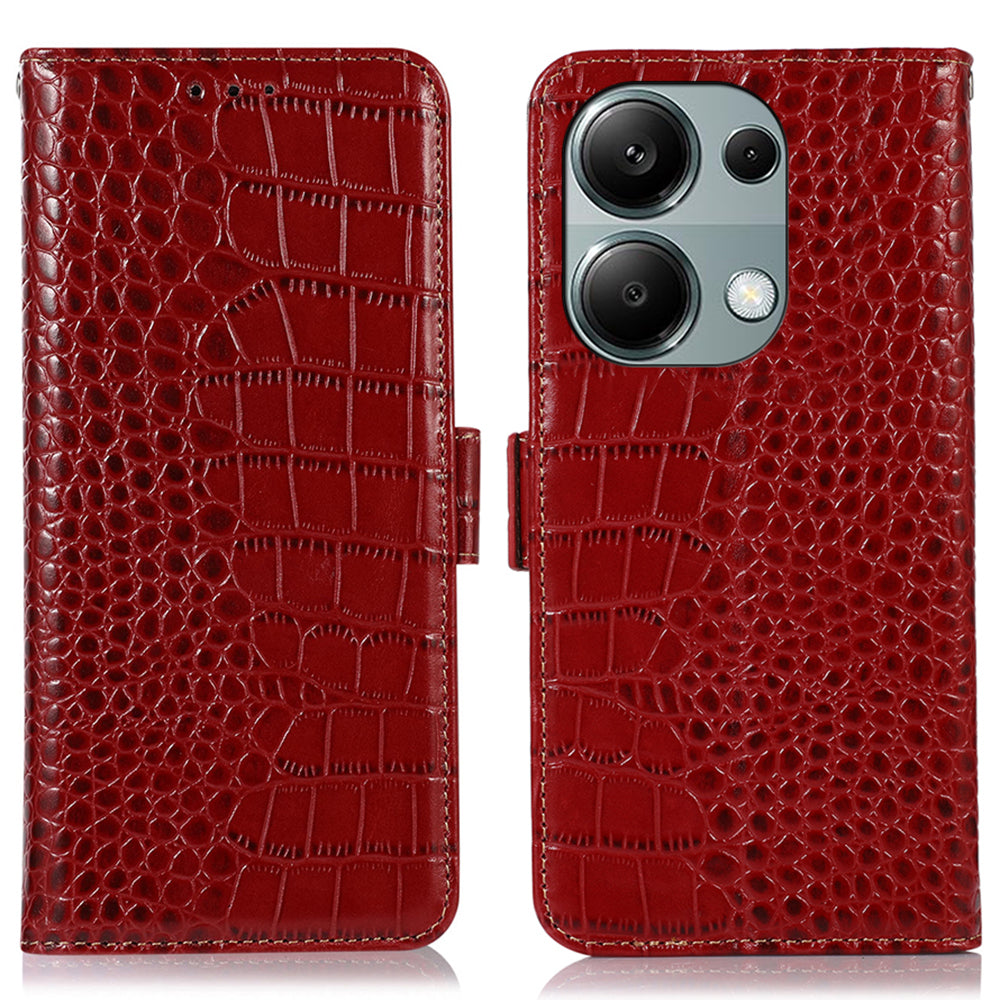 For Xiaomi Redmi Note 13 Pro 4G / Poco M6 Pro 4G Genuine Cow Leather Case RFID Blocking Phone Cover - Red