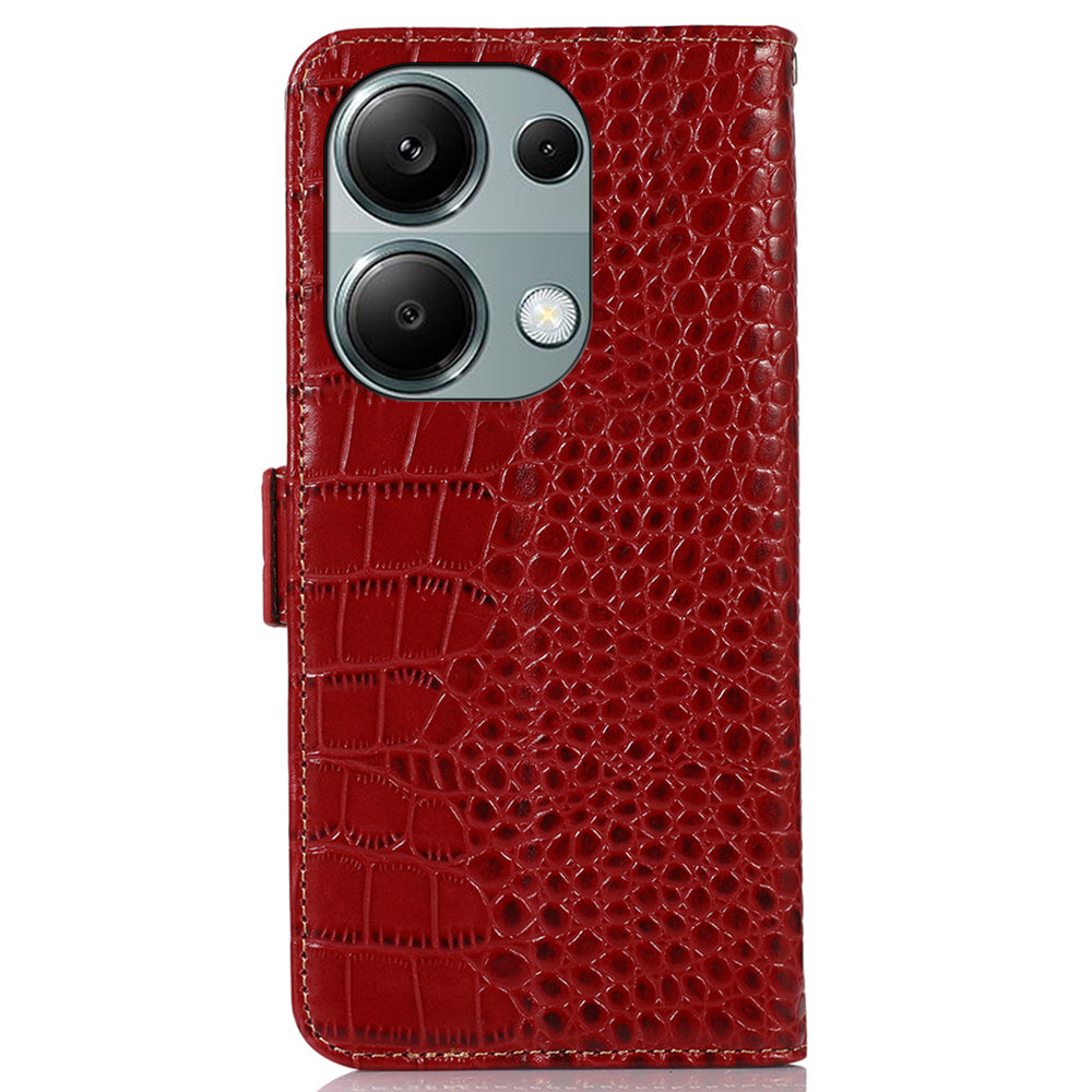For Xiaomi Redmi Note 13 Pro 4G / Poco M6 Pro 4G Genuine Cow Leather Case RFID Blocking Phone Cover - Red