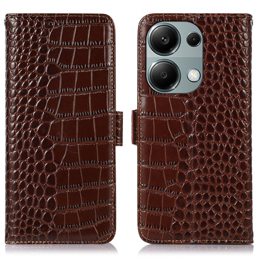 For Xiaomi Redmi Note 13 Pro 4G / Poco M6 Pro 4G Genuine Cow Leather Case RFID Blocking Phone Cover - Brown