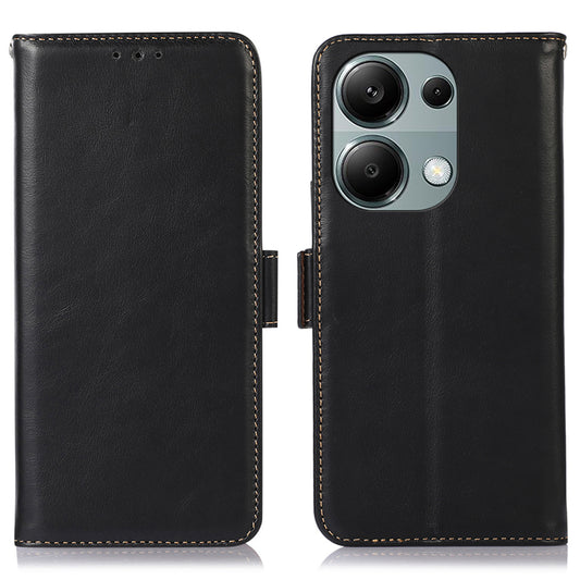 For Xiaomi Redmi Note 13 Pro 4G / Poco M6 Pro 4G Cover Genuine Cow Leather RFID Blocking Wallet Phone Case - Black