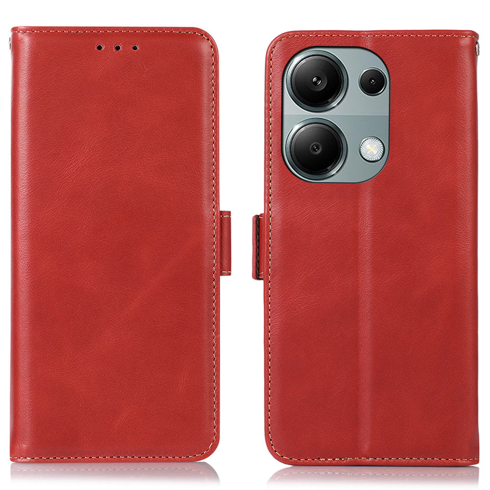 For Xiaomi Redmi Note 13 Pro 4G / Poco M6 Pro 4G Cover Genuine Cow Leather RFID Blocking Wallet Phone Case - Red