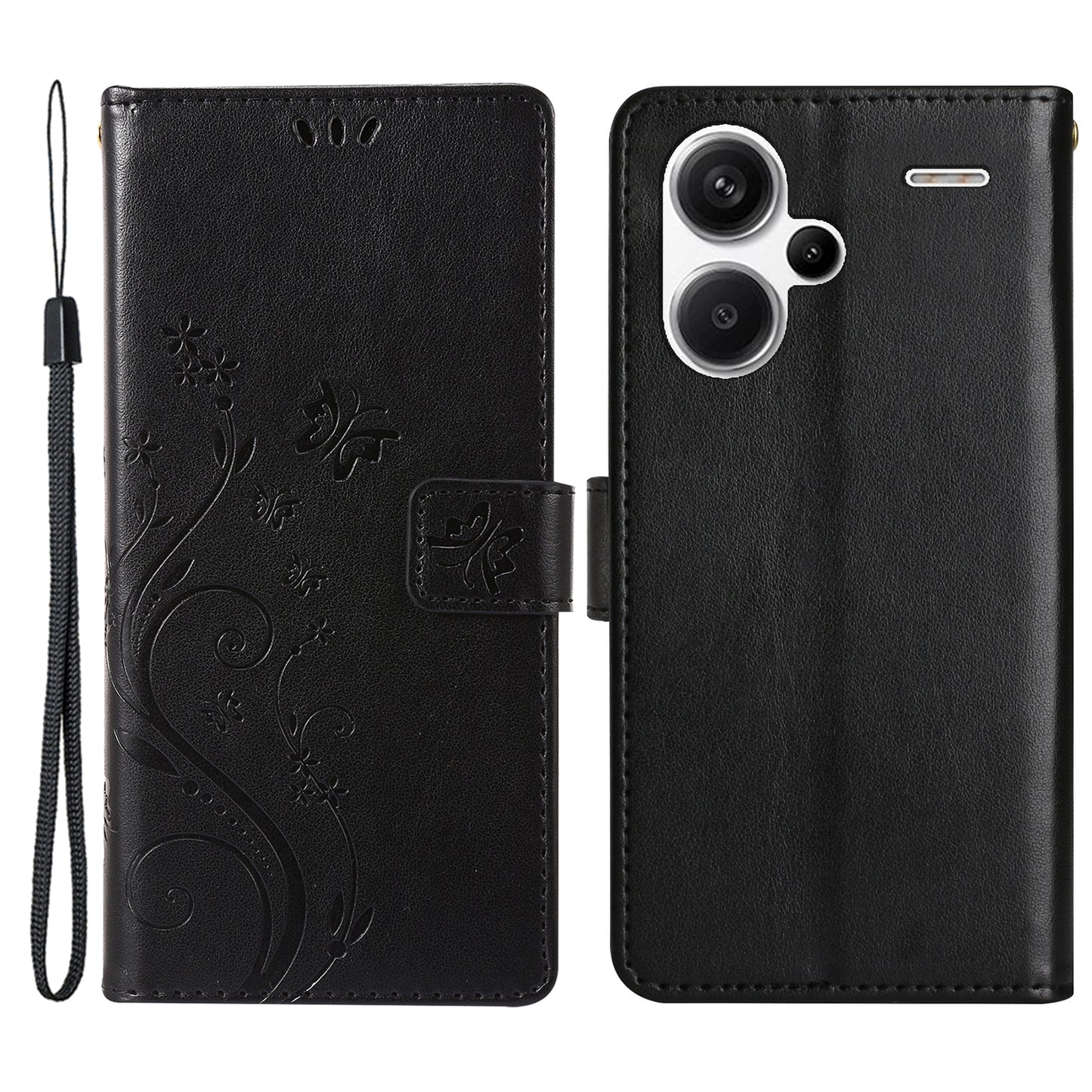 For Xiaomi Redmi Note 13 Pro+ 5G Leather Case Wallet Butterfly Imprinted Phone Cover - Black