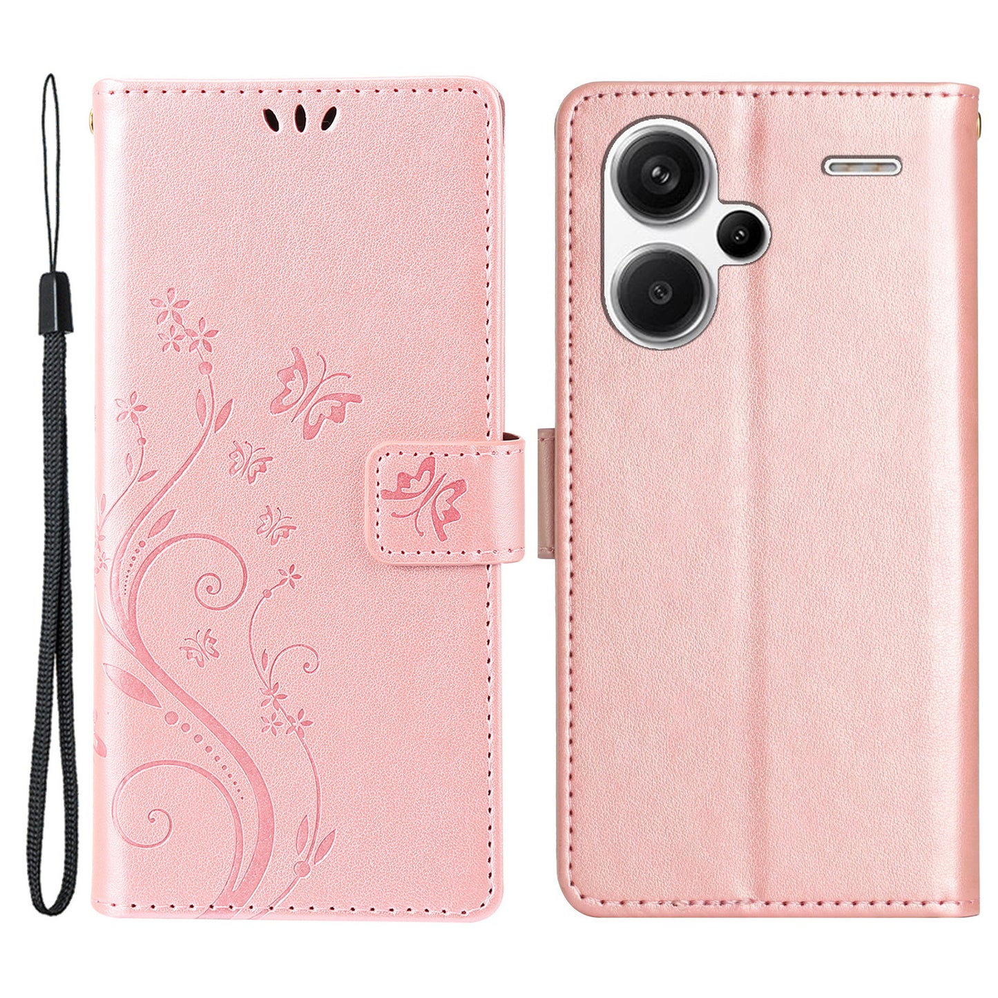 For Xiaomi Redmi Note 13 Pro+ 5G Leather Case Wallet Butterfly Imprinted Phone Cover - Rose Gold
