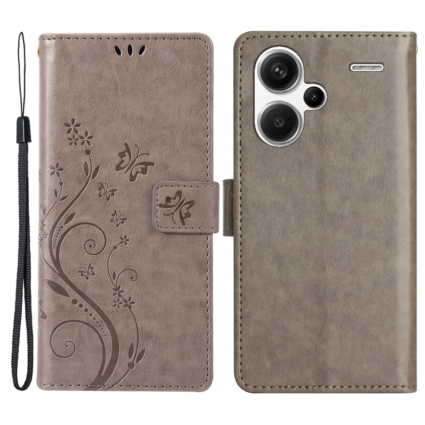 For Xiaomi Redmi Note 13 Pro+ 5G Leather Case Wallet Butterfly Imprinted Phone Cover - Grey