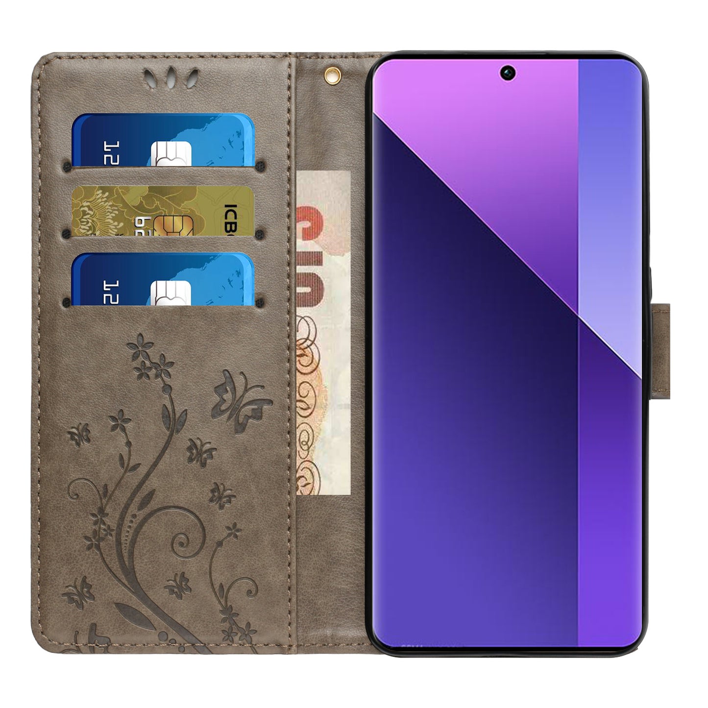 For Xiaomi Redmi Note 13 Pro+ 5G Leather Case Wallet Butterfly Imprinted Phone Cover - Grey