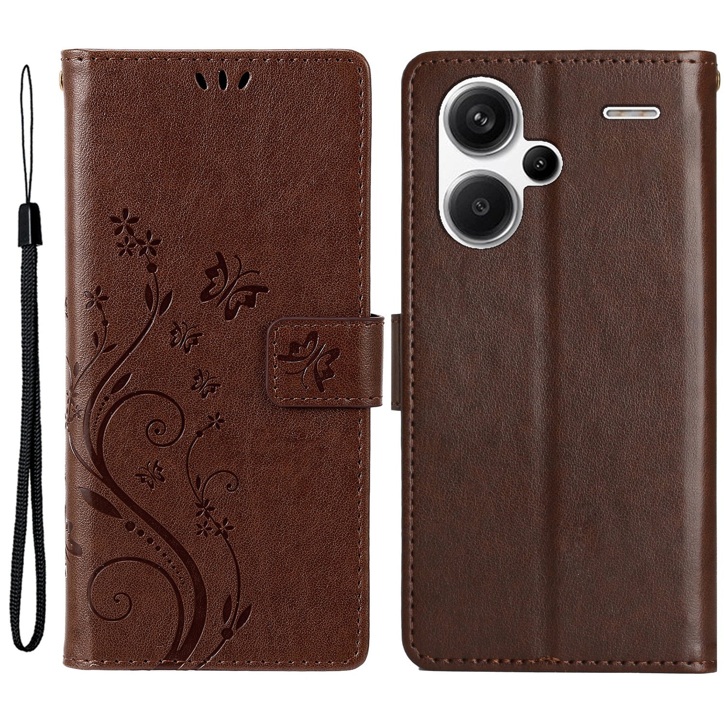 For Xiaomi Redmi Note 13 Pro+ 5G Leather Case Wallet Butterfly Imprinted Phone Cover - Brown