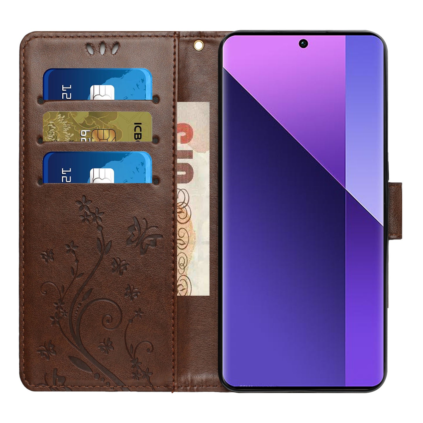 For Xiaomi Redmi Note 13 Pro+ 5G Leather Case Wallet Butterfly Imprinted Phone Cover - Brown