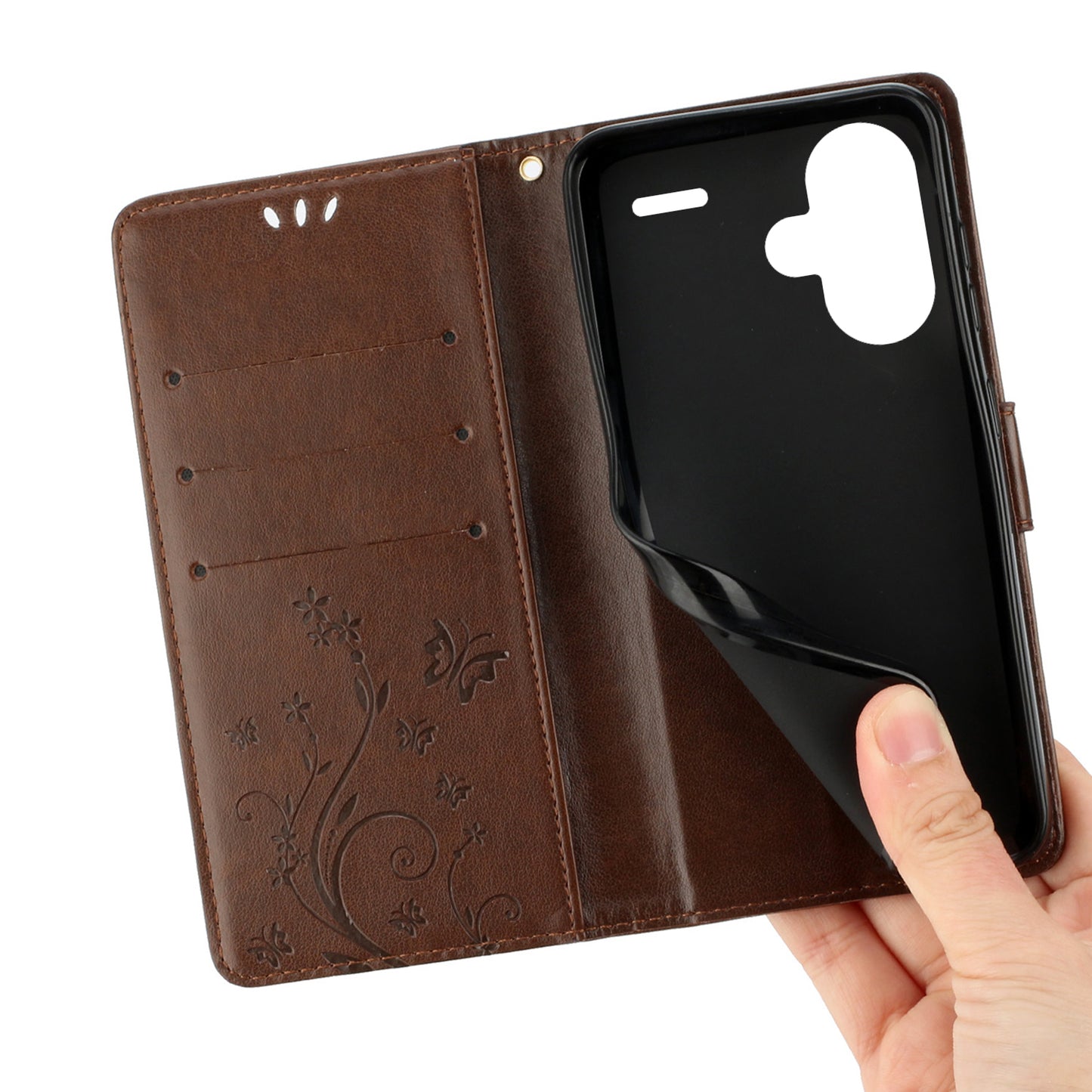For Xiaomi Redmi Note 13 Pro+ 5G Leather Case Wallet Butterfly Imprinted Phone Cover - Brown