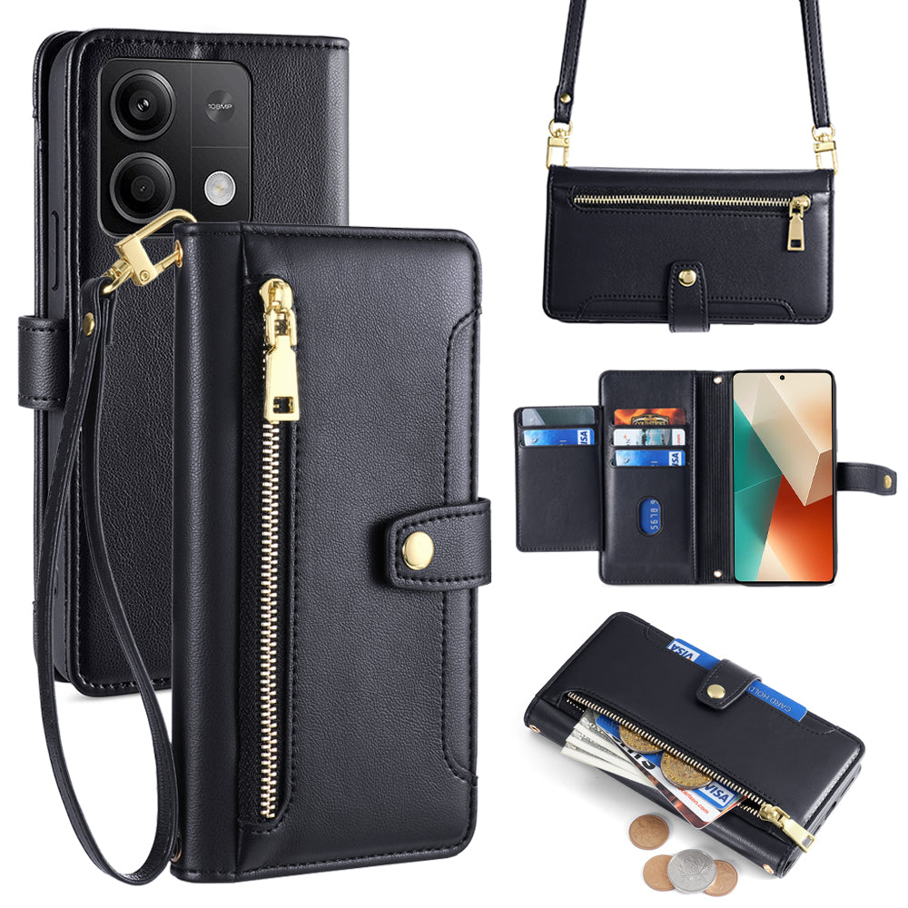 For Xiaomi Redmi Note 13 5G Crossbody Phone Case Zipper Pocket PU Leather Cover - Black
