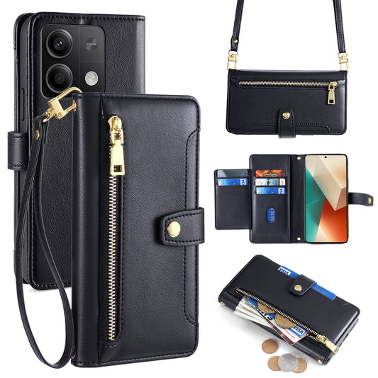 For Xiaomi Redmi Note 13 5G Crossbody Phone Case Zipper Pocket PU Leather Cover - Black