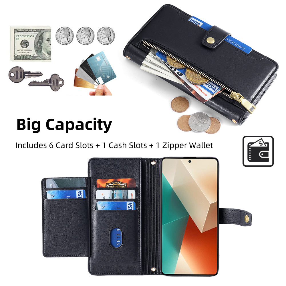 For Xiaomi Redmi Note 13 5G Crossbody Phone Case Zipper Pocket PU Leather Cover - Black