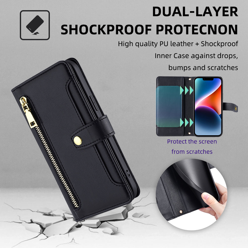 For Xiaomi Redmi Note 13 5G Crossbody Phone Case Zipper Pocket PU Leather Cover - Black