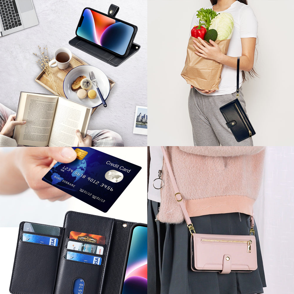 For Xiaomi Redmi Note 13 5G Crossbody Phone Case Zipper Pocket PU Leather Cover - Black