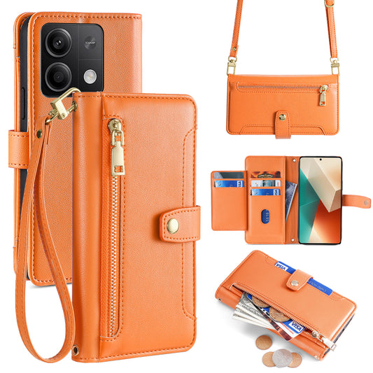 For Xiaomi Redmi Note 13 5G Crossbody Phone Case Zipper Pocket PU Leather Cover - Orange