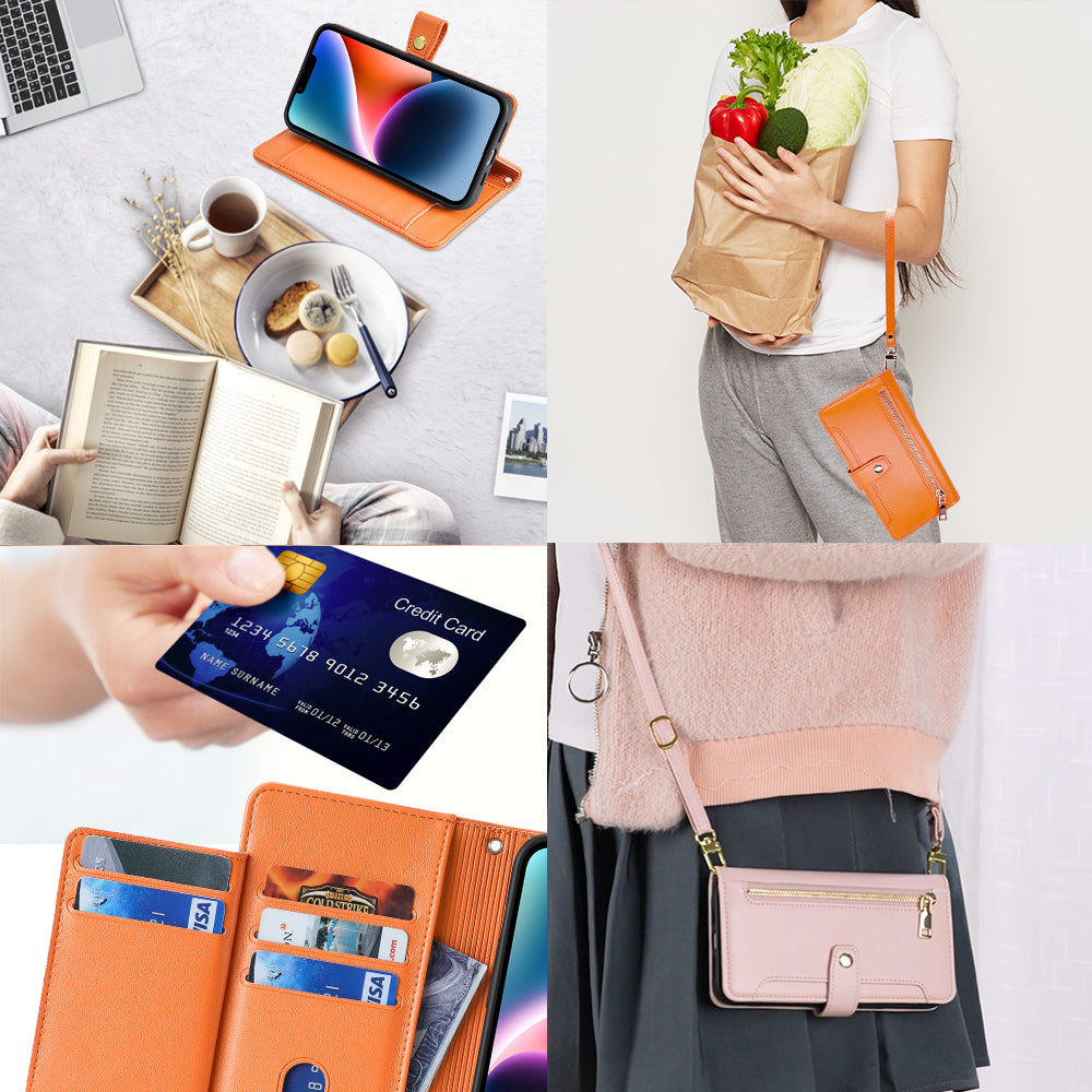 For Xiaomi Redmi Note 13 5G Crossbody Phone Case Zipper Pocket PU Leather Cover - Orange