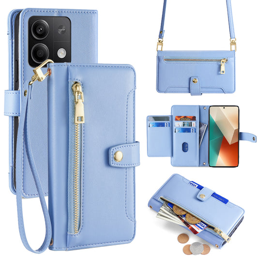 For Xiaomi Redmi Note 13 5G Crossbody Phone Case Zipper Pocket PU Leather Cover - Blue