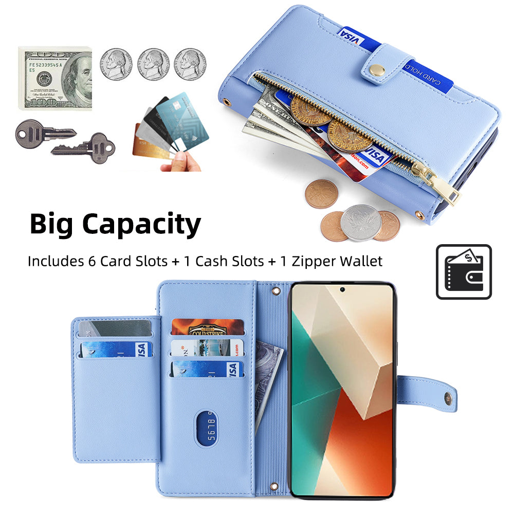 For Xiaomi Redmi Note 13 5G Crossbody Phone Case Zipper Pocket PU Leather Cover - Blue