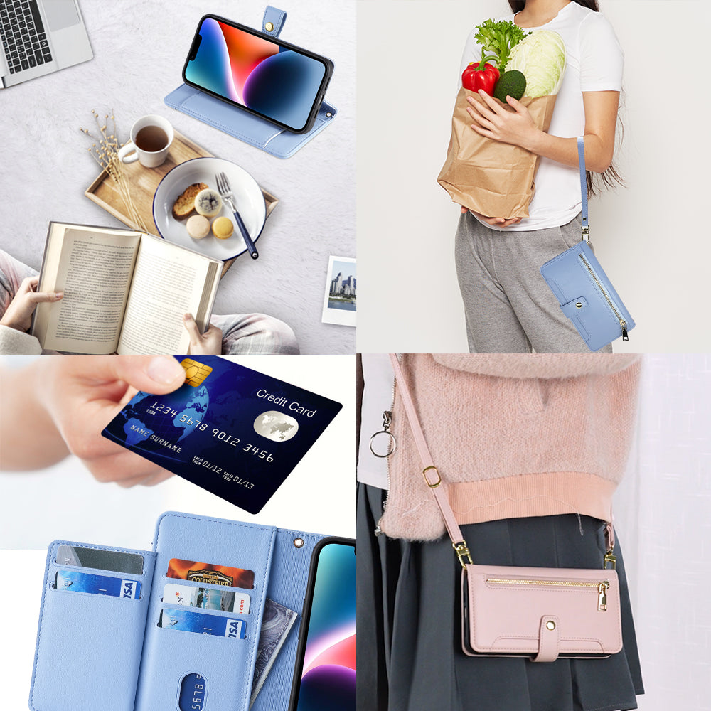 For Xiaomi Redmi Note 13 5G Crossbody Phone Case Zipper Pocket PU Leather Cover - Blue