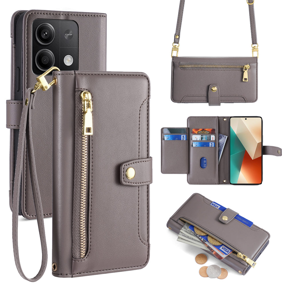 For Xiaomi Redmi Note 13 5G Crossbody Phone Case Zipper Pocket PU Leather Cover - Grey