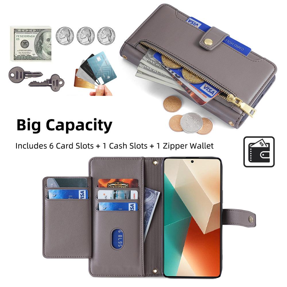 For Xiaomi Redmi Note 13 5G Crossbody Phone Case Zipper Pocket PU Leather Cover - Grey