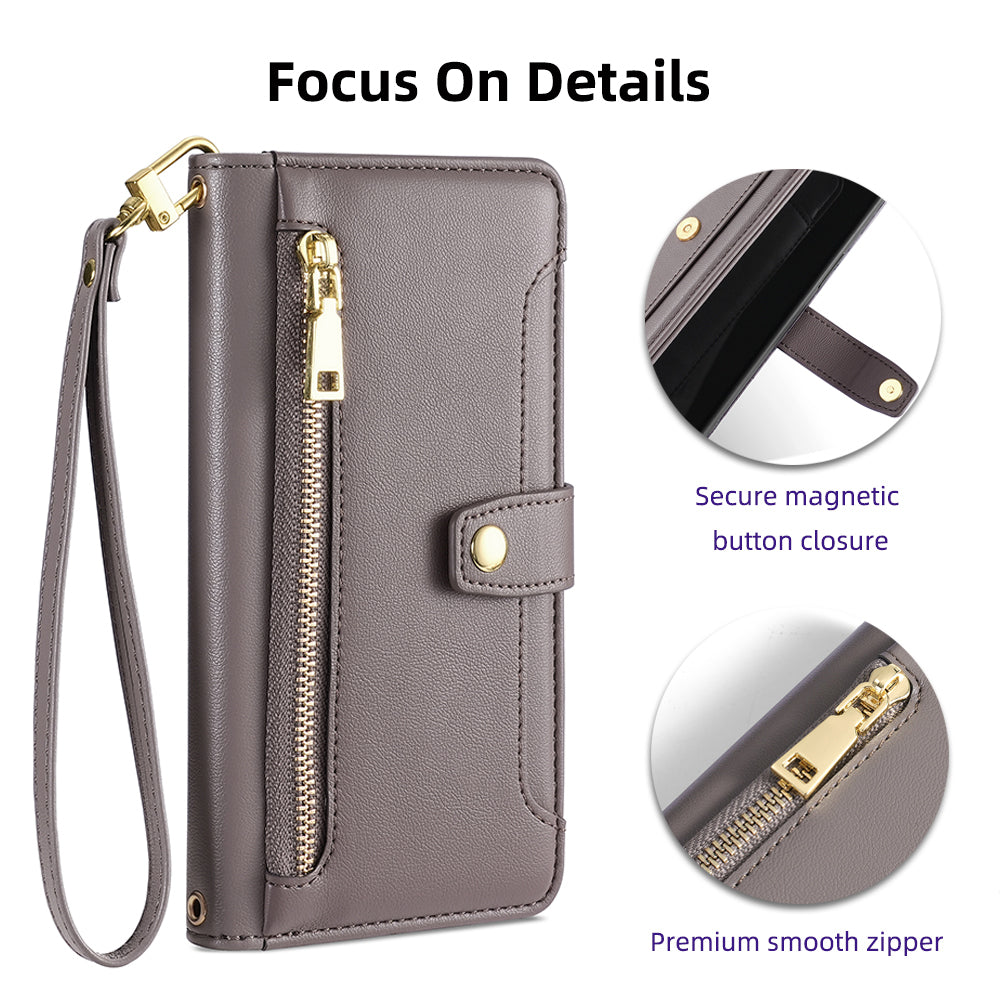 For Xiaomi Redmi Note 13 5G Crossbody Phone Case Zipper Pocket PU Leather Cover - Grey