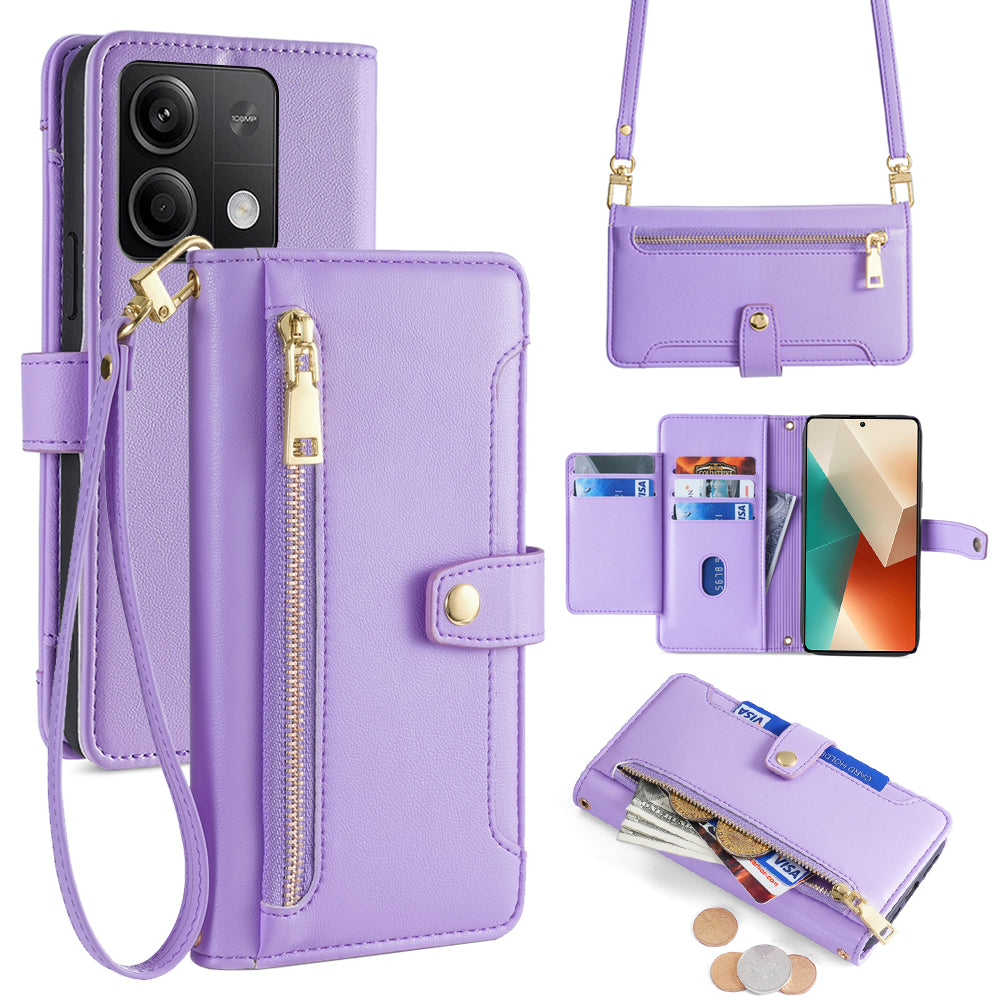 For Xiaomi Redmi Note 13 5G Crossbody Phone Case Zipper Pocket PU Leather Cover - Purple