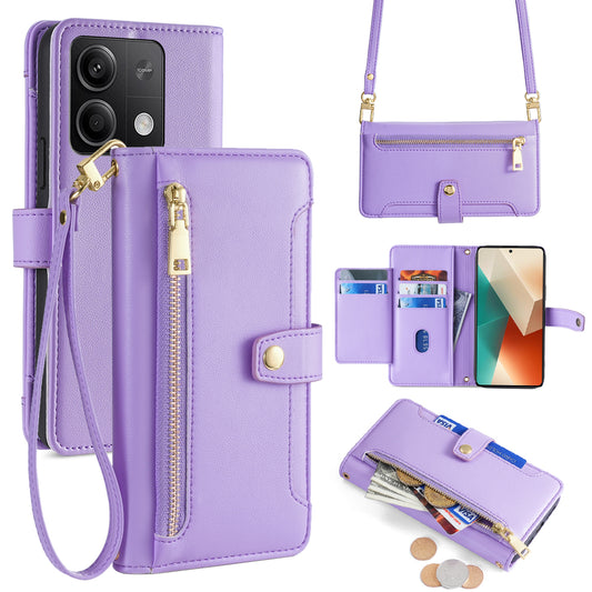 For Xiaomi Redmi Note 13 5G Crossbody Phone Case Zipper Pocket PU Leather Cover - Purple