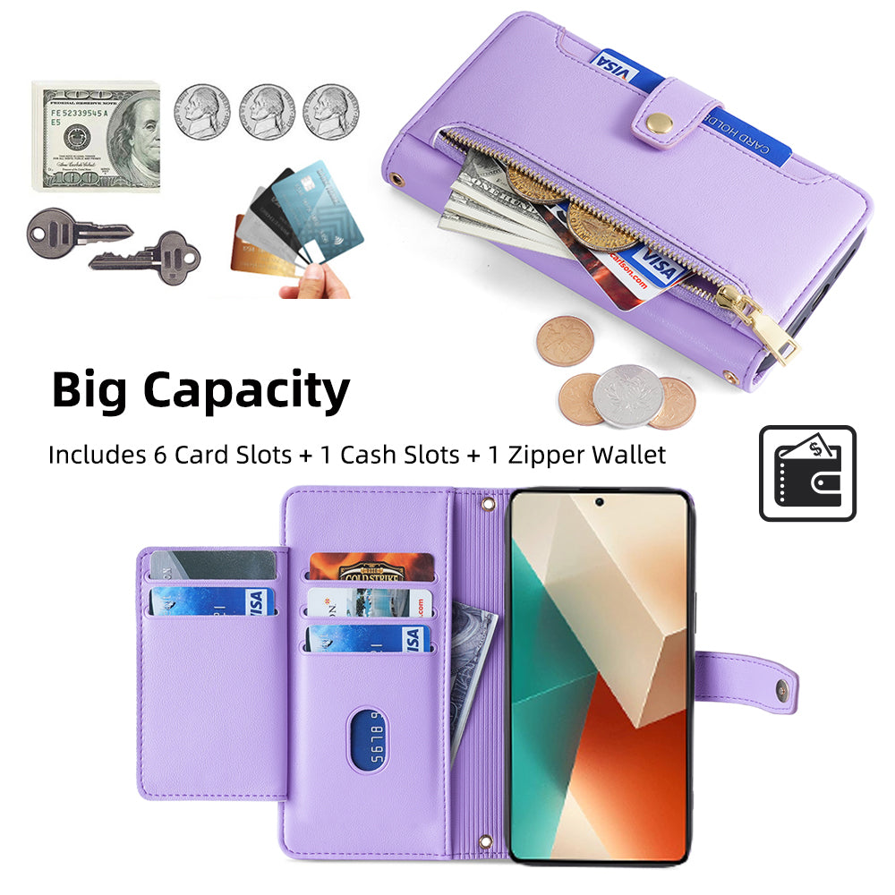 For Xiaomi Redmi Note 13 5G Crossbody Phone Case Zipper Pocket PU Leather Cover - Purple