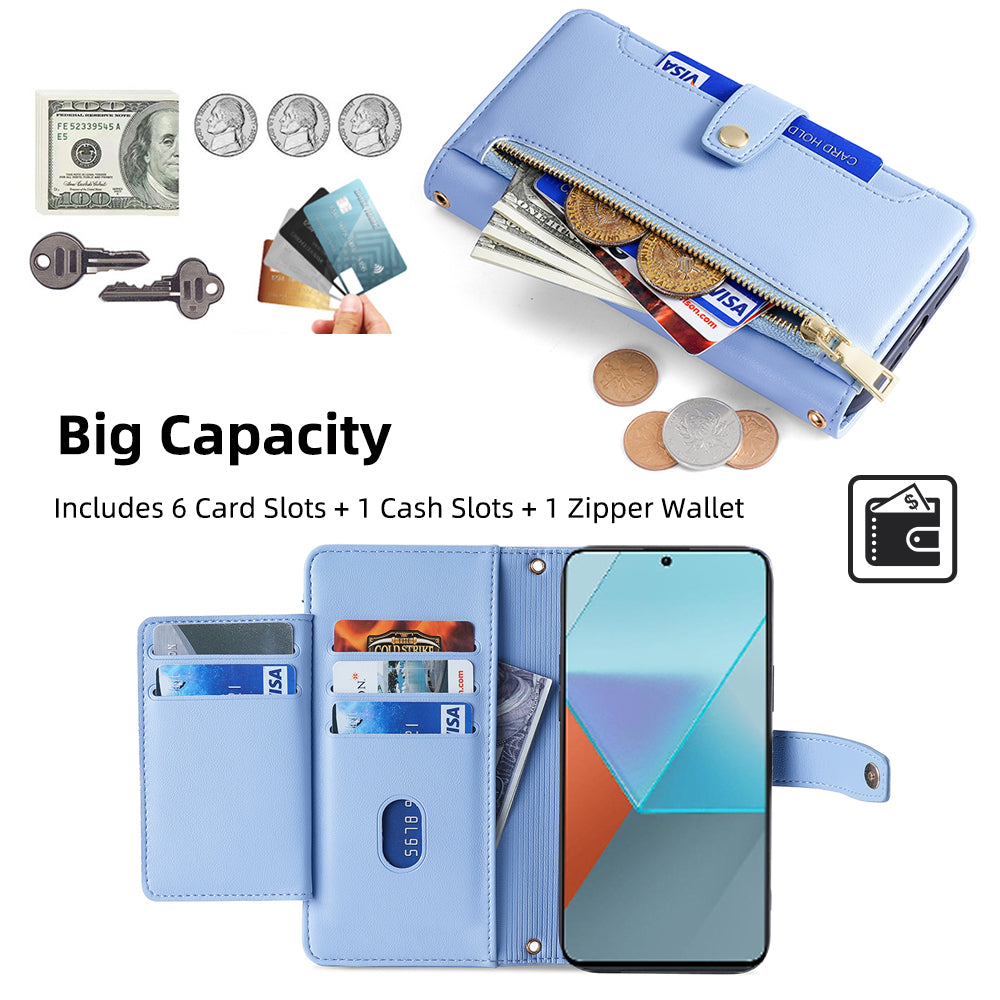 For Xiaomi Redmi Note 13 Pro 5G / Poco X6 5G Leather Case Phone Wallet Cover Zipper Pocket - Blue