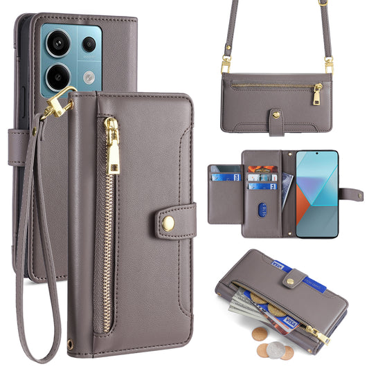 For Xiaomi Redmi Note 13 Pro 5G / Poco X6 5G Leather Case Phone Wallet Cover Zipper Pocket - Grey