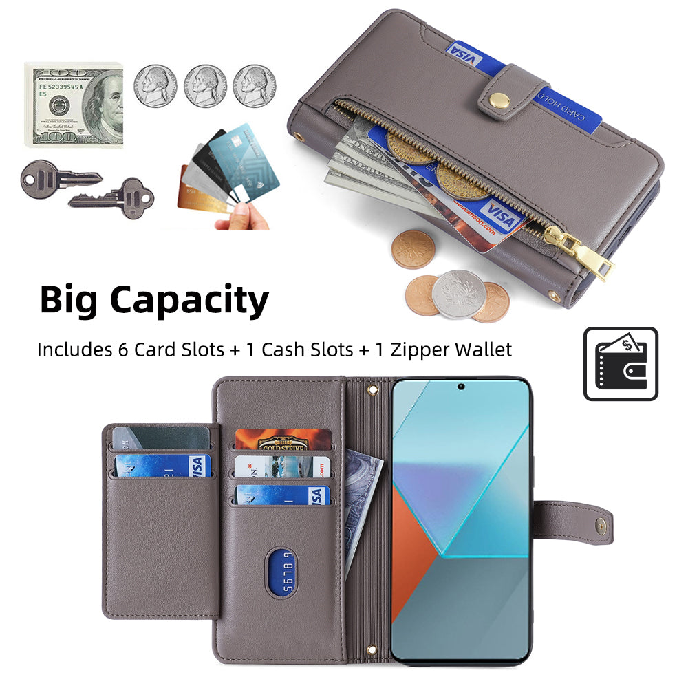 For Xiaomi Redmi Note 13 Pro 5G / Poco X6 5G Leather Case Phone Wallet Cover Zipper Pocket - Grey