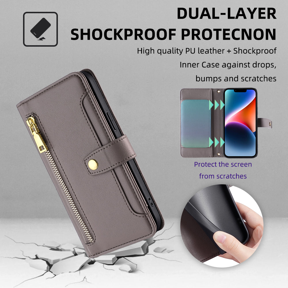 For Xiaomi Redmi Note 13 Pro 5G / Poco X6 5G Leather Case Phone Wallet Cover Zipper Pocket - Grey